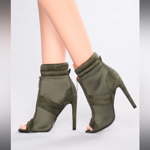 Zip up Heel Booties Olive Green and Orange Peep toe - Picture 3 of 6